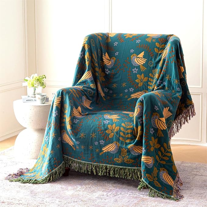 MSGKV 100% Cotton Blanket Boho Throw Blue Warm Couch Sofa Bed Double Sided Knit - Image 3