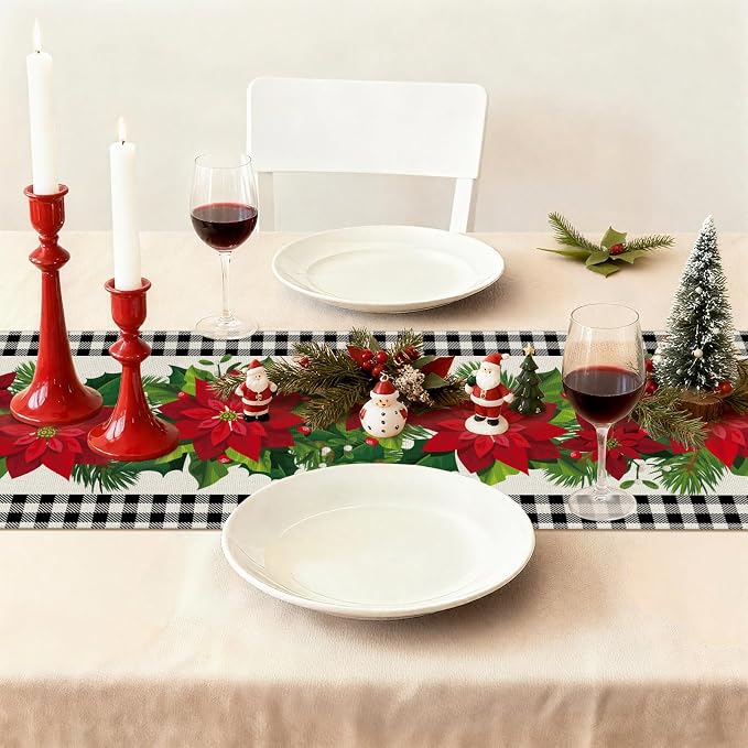 OTOSTAR Black and White Buffalo Check Plaid Holly Christmas Flowers Table Runner - Image 9