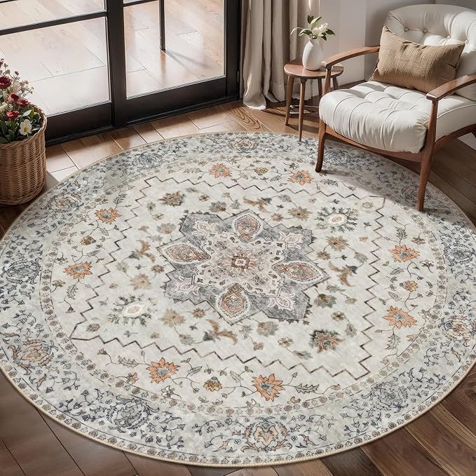 Tangsoo Vintage Round Rug 4ft Washable Circle Rug, Non Slip Small Boho Round Rug by Tangsoo