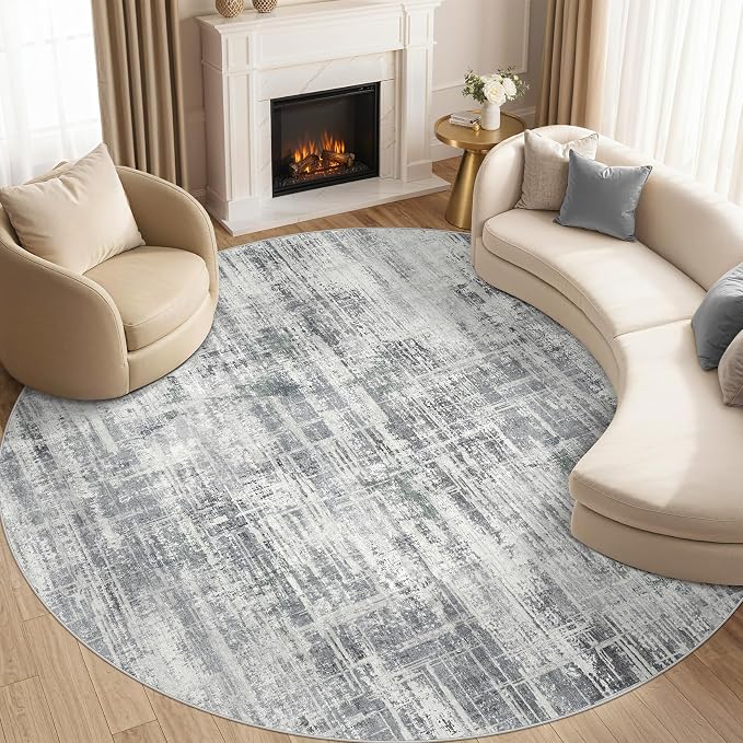 8ft Round Area Rug for Living Room: 8x8 Washable Neutral Abstract Modern Soft - Image 8