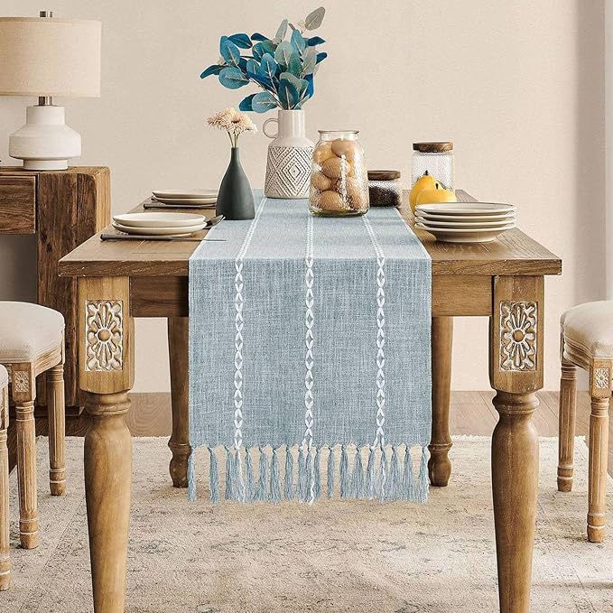 ZeeMart Farmhouse Braided Striped Table Runner, Rustic Blue Table Runners 60 by ZEEMARTONLINE