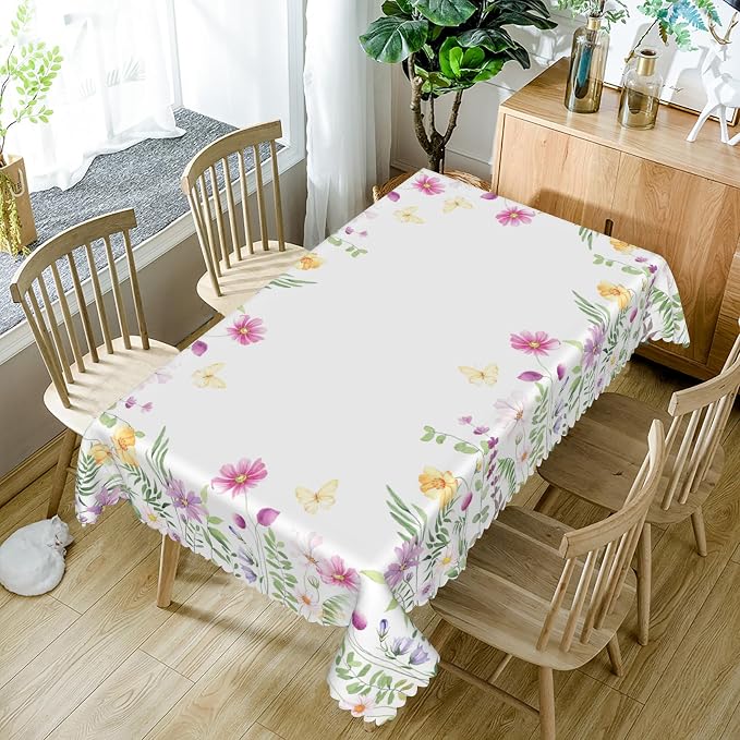 52x70inches Floral Rectangle Tablecloth Pink Wild Flowers Butterfly Botanical - Image 5