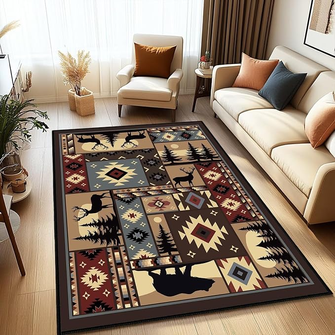 Rustic Rug for Living Room, Cabin Wildlife Area Rug 5x7, Buffalo Plaid Bear - Image 4