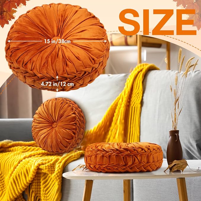 2 Pcs Round Throw Pillows 15 Inch Decorative Velvet Pleated Pumpkin Floor Boho - Image 2
