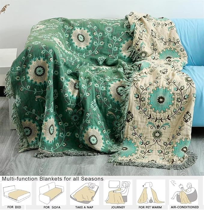 MSGKV Green Boho Throw Blanket for Bed Couch, 100% Cotton Mexican Picnic - Image 7