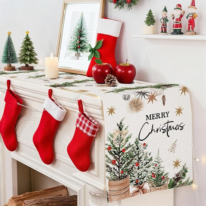 OTOSTAR Xmas Trees Holly Pine Cone Merry Christmas Table Runner, Xmas Seasonal - Image 5