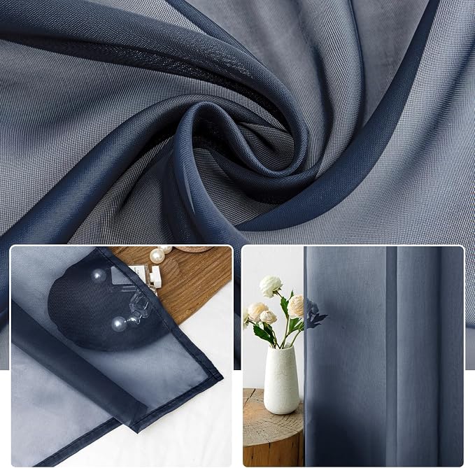 MIULEE 2 Panels Navy Blue Sheer Curtains 90 inches Long Window Curtains Rod - Image 3