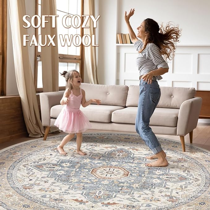 Round Rug Living Room Rugs: 10Ft Washable Boho Neutral Large Circle Soft Indoor - Image 3