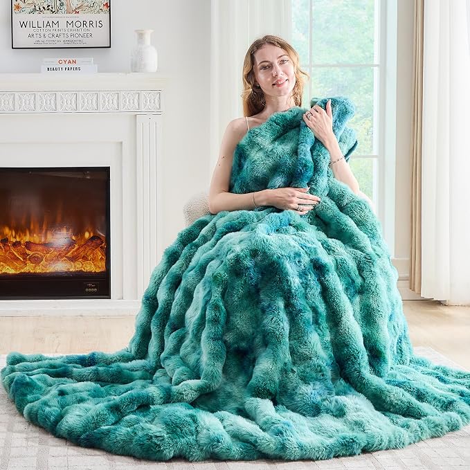 Lotus Karen Faux Fur Throw Blanket Tie-Dye Green-Big Bubble Rabbit Fluff Blanket by LotusKaren