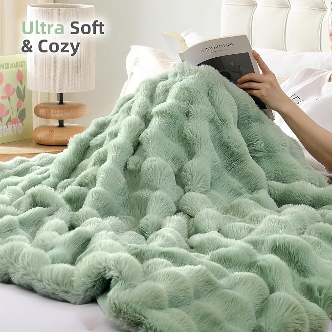Smoofy Faux Fur Throw Blanket for Couch – Sage Fluffy Cozy Rabbit Fleece - Image 4