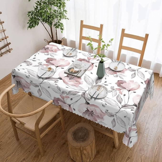 Pink Rose Tablecloth Watercolor Floral Gray Leaf Spring Flowers Leaves Table - Image 5
