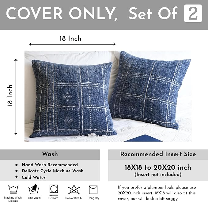 BlissBlush Dark Blue Decorative Throw Pillow Covers 18X18, Boho Farmhouse - Image 3