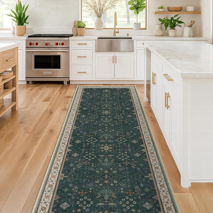 Dark Green Kitchen Rug 12 ft Long by HazoHaus