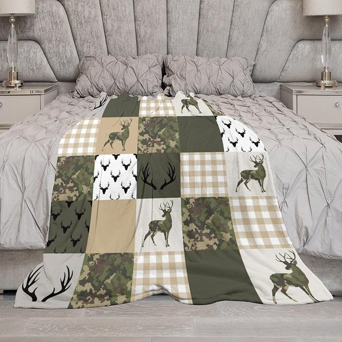 Camouflage Deer Blanket, Vintage Camo Green Beige Plaid Rustic Cabin Wildlife - Image 7