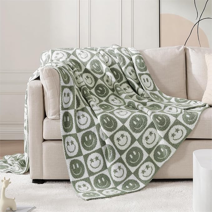 WRENSONGE Checkered Throw Blanket Seagrass Smiling Face Soft Cozy Fluffy Warm by WRENSONGE