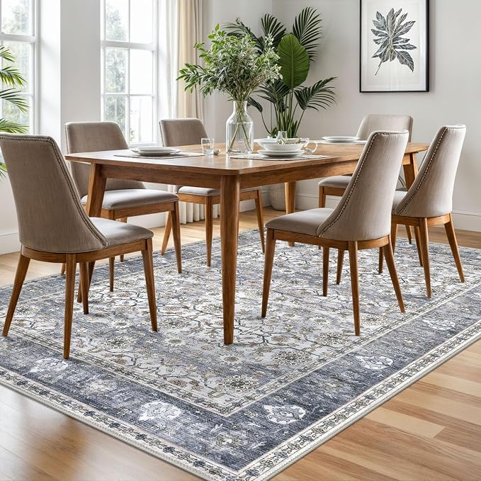 KUTA Vintage Floral Area Rug 6x9 Grey Blue, Washable Rugs - Image 2