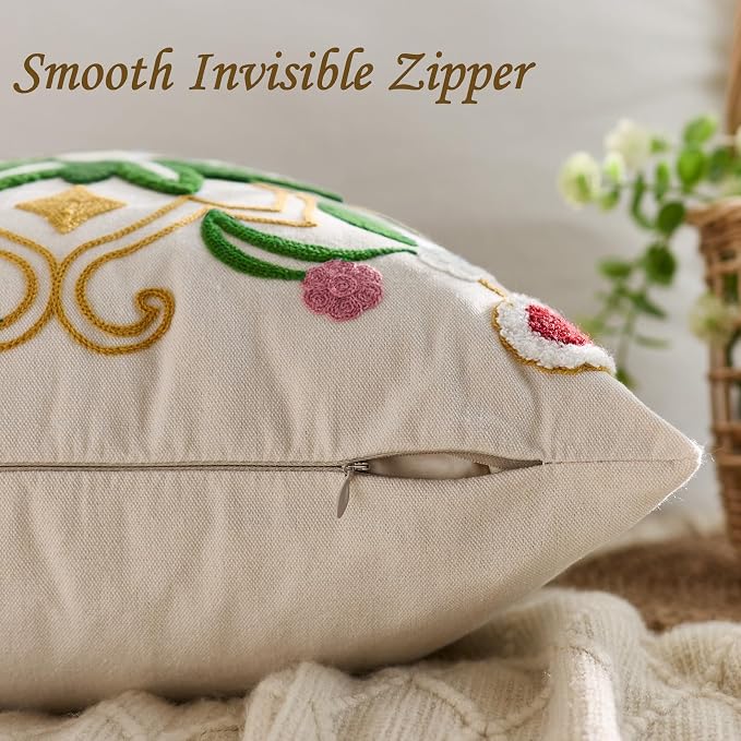 Embroidered Throw Pillow Cover 22x22 Classic Boho Floral Pattern Pillows Cover - Image 3