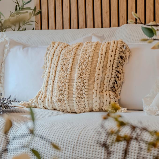 Decorative Boho-Chic Square Pillow Cover 18x18 Handwoven Tufted Braided Cotton by Cozydeko