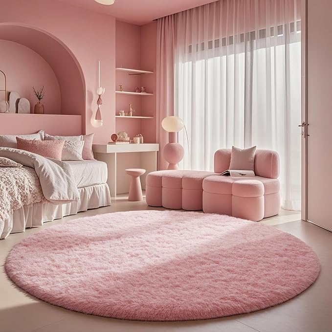 Ophanie Round Rugs 5Ft Pink Circle Area Rug, Fluffy Fuzzy Bedroom Carpet by Ophanie