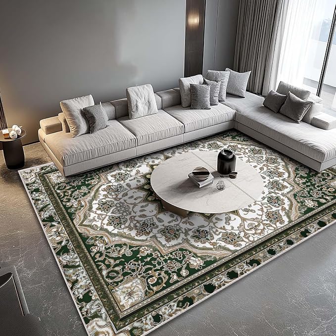 8x10 Traditional Oriental Area Rug White Dark Green Rug Non Slip Low Pile Large - Image 3