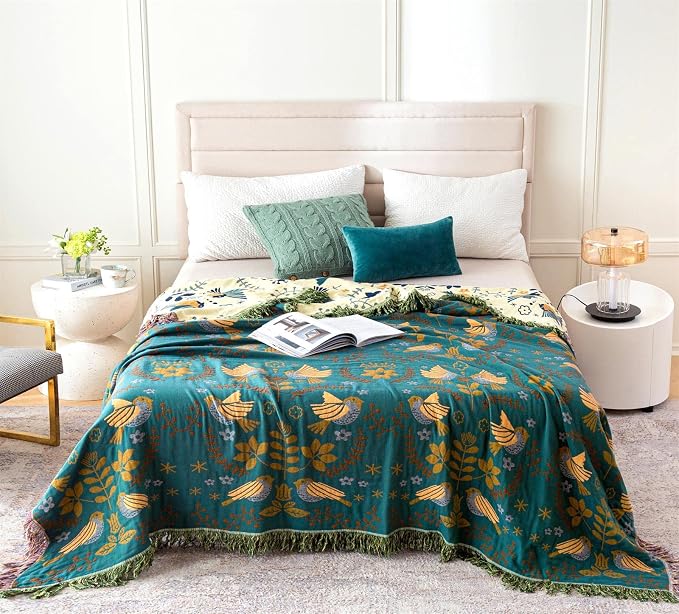 MSGKV 100% Cotton Blanket Boho Throw Blue Warm Couch Sofa Bed Double Sided Knit - Image 2
