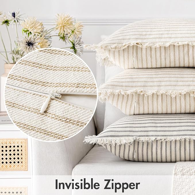 MIULEE Pack of 2 Khaki Pillow Covers 24x24 Inch Striped Farmhouse Couch Throw - Image 3
