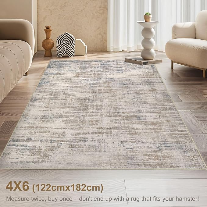 Area Rug for Living Room: 4x6 Washable Neutral Abstract Modern Soft Rugs Non - Image 3