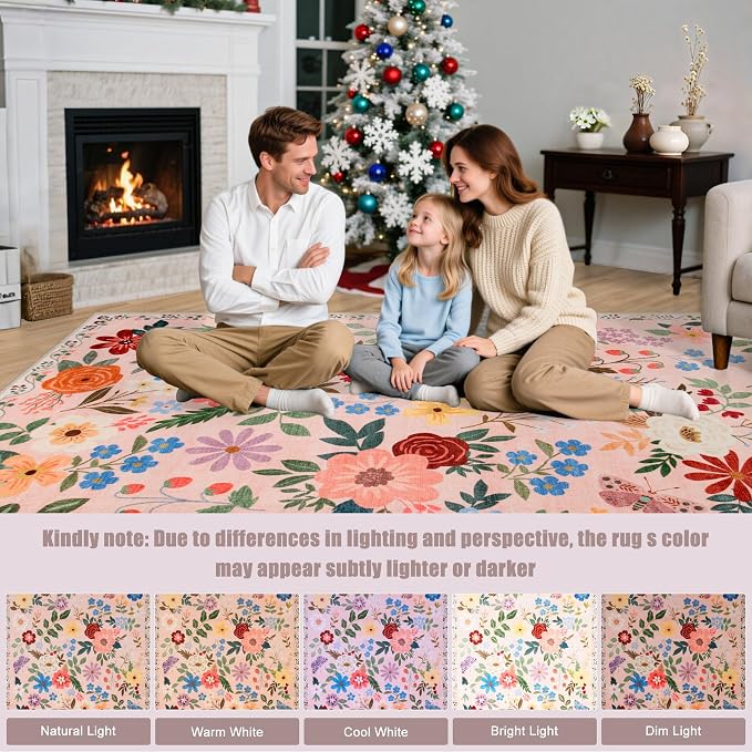 Area Rugs 9x12 Living Room: Floral Washable Rug Vintage Large Soft Boho - Image 9