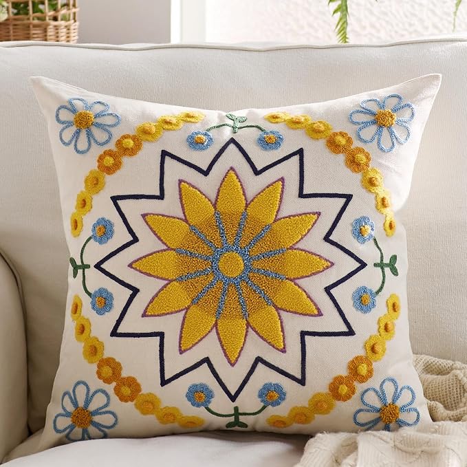Embroidered Throw Pillow Cover 20x20 Classic Boho Floral Pattern Pillows Cover by Unknown