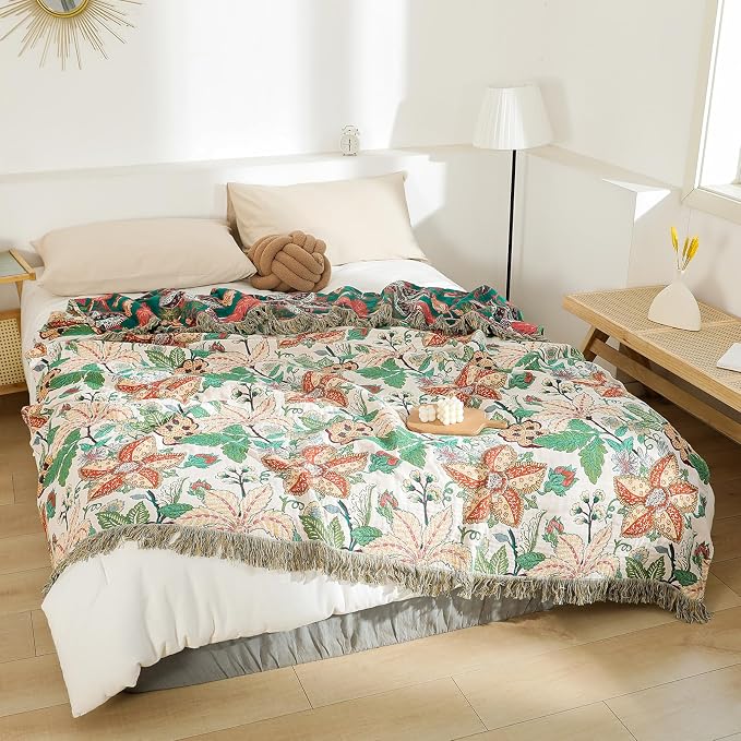 MSGKV Boho Throw Blanket for Bed Twin Size 100% Cotton Floral Blanket 60"x80" - Image 2