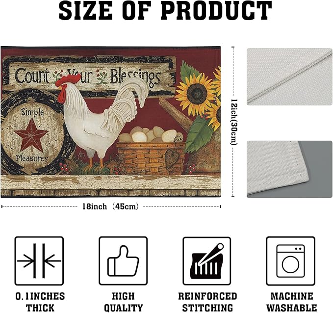 Giwawa Vintage Rooster Placemats Set of 4 Farmhouse Chicken Linen Table Mat - Image 4
