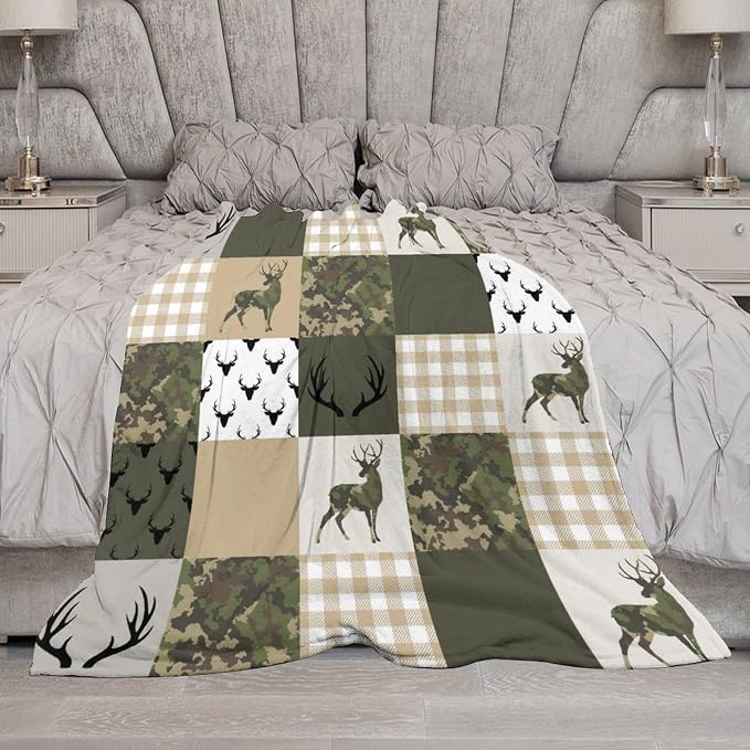 Camouflage Deer Blanket, Vintage Camo Green Beige Plaid Rustic Cabin Wildlife - Image 7