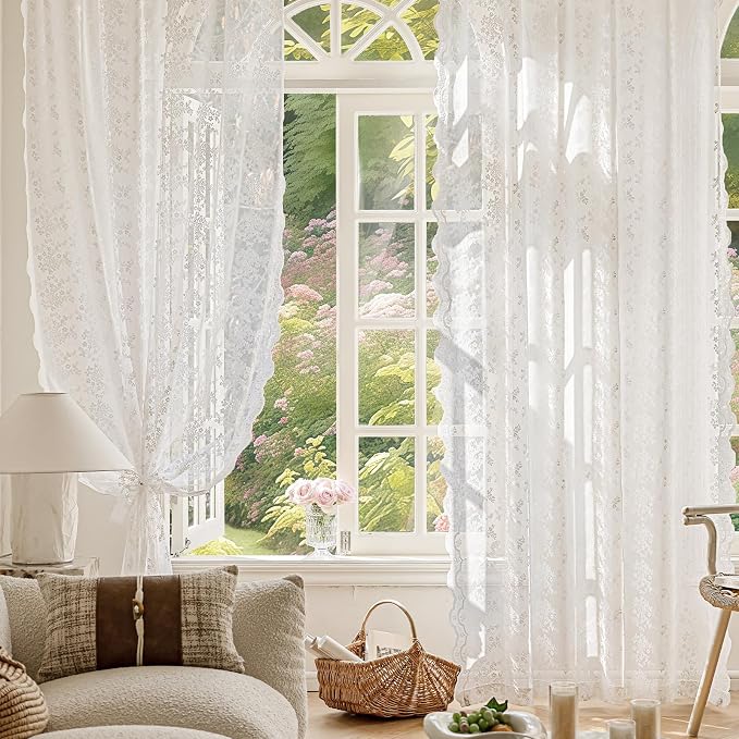 Anmao Vintage White Lace Curtains 63 Inches Long 2 Panels Set, Romantic Elegant - Image 5