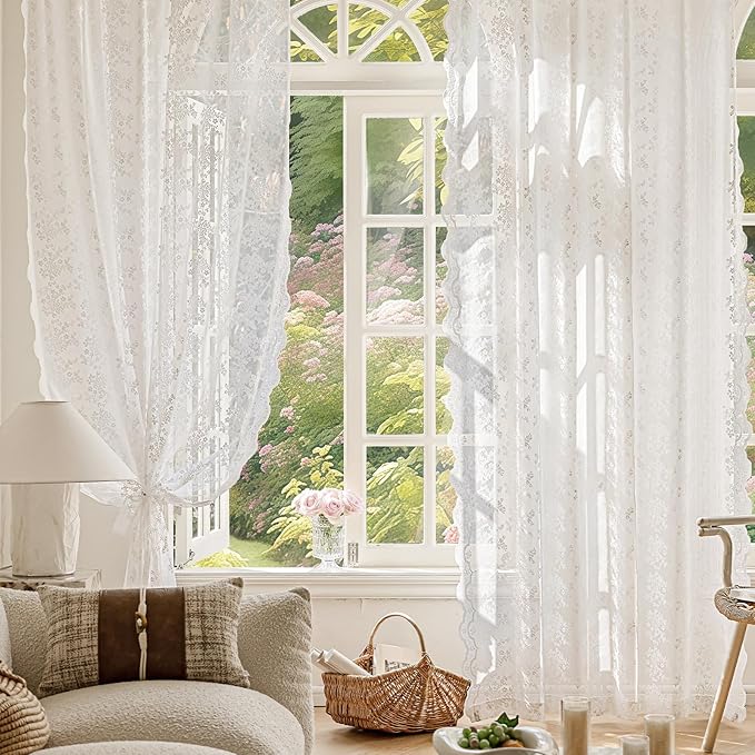 Anmao Vintage White Lace Curtains 102 Inches Long 2 Panels, Romantic Elegant - Image 5