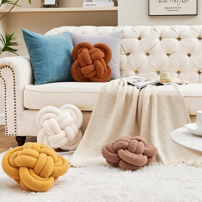 Xiashrk Knot Pillow Ball, Dark Khaki Knotted Plush Throw Pillow Handmade Square - Image 4