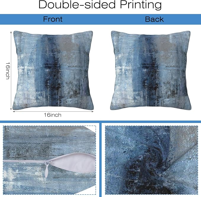 Throw Pillow Cover Case Blue and Grey Abstract Art Pillow Covers 16x16 Inch Set - Image 2
