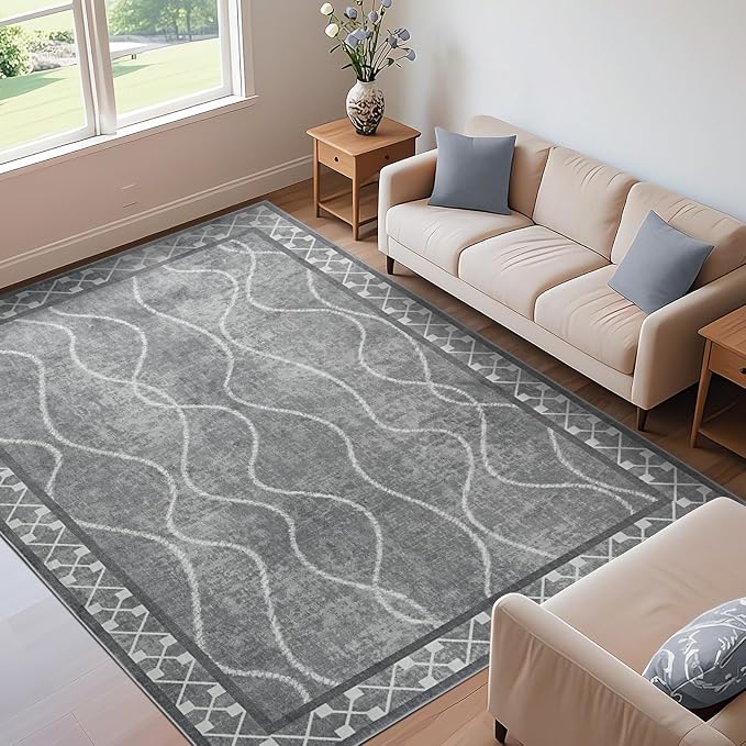 5x7 Light Grey Area Rugs for Living Room, Machine Washable Non-Slip Backing Low - Image 4