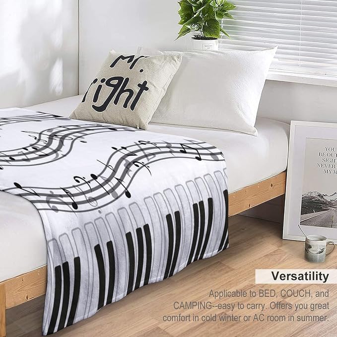 Music Blanket Black White Piano Keys Music Note Modern Abstract Art Print Soft - Image 3