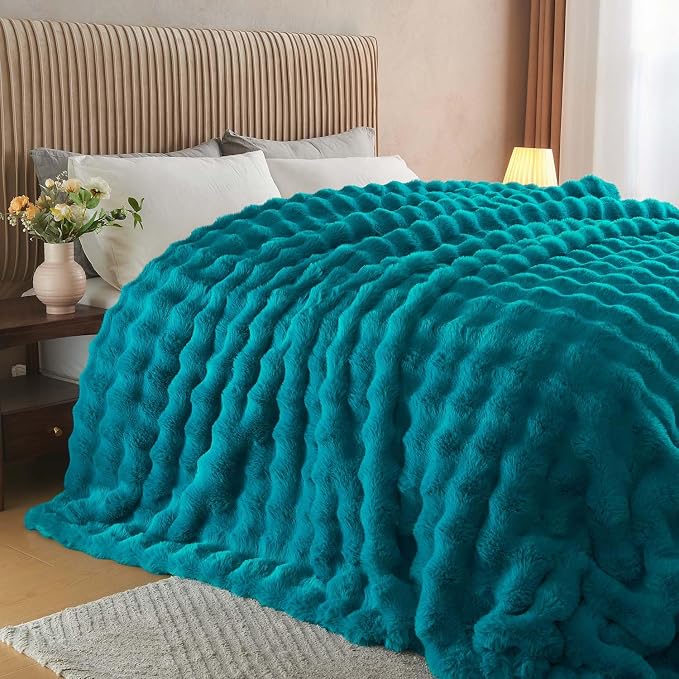 Lotus Karen Faux Fur Throw Blanket Teal - Image 3
