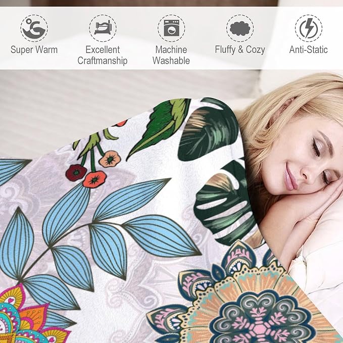 Boho Flowers Blanket for Women Girls, Rustic Bohemian Mandala Palm Leaves - Image 4