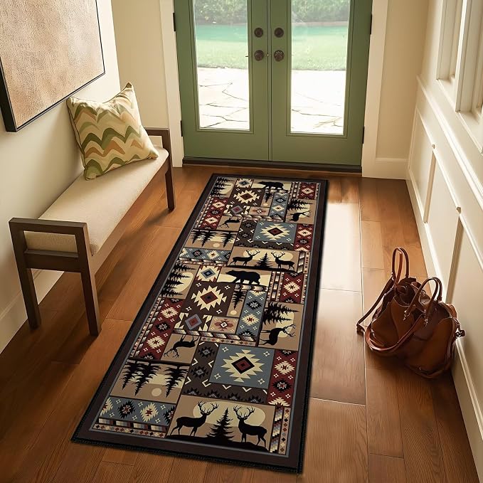 Rustic Cabin Wildlife Runner Rug 2x5, Buffalo Plaid Bear Moose Deer Country - Image 6