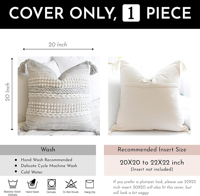 BlissBlush Gray Decorative Throw Pillow Cover 20X20, Boho Accent Pillow - Image 4