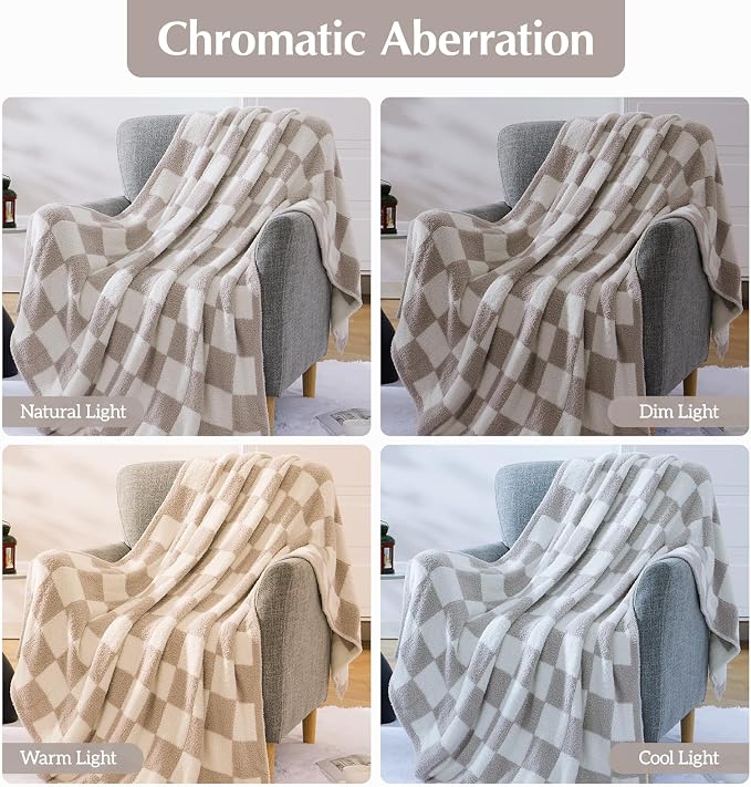 WRENSONGE Checkered Throw Blanket, Taupe Soft Cozy Fluffy Warm Hand Made Throw - Image 5
