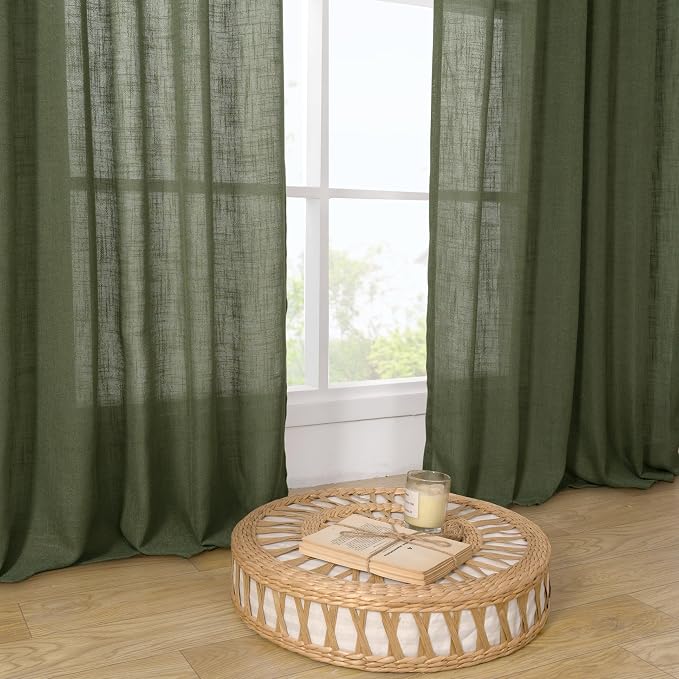 LAMIT Olive Green Linen Kitchen Curtains 30 Inch Length, Semi Sheer Light - Image 9
