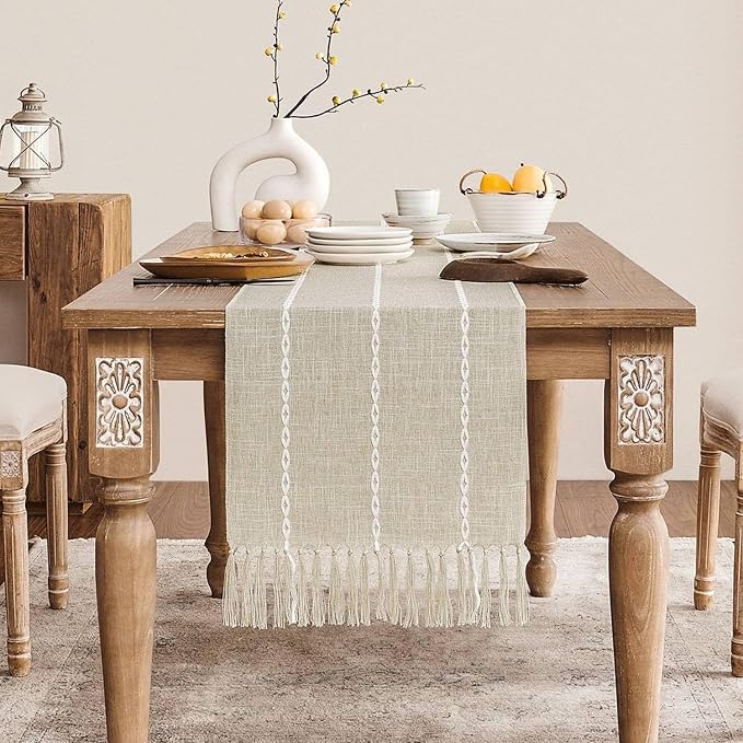 ZeeMart Farmhouse Braided Striped Table Runner, Rustic Beige Table Runners 72 by ZEEMARTONLINE