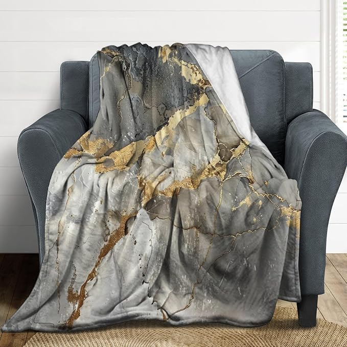 Modern Marble Blanket, Abstract Luxury Baroque Gold Grey Gradient Stone Veins - Image 3