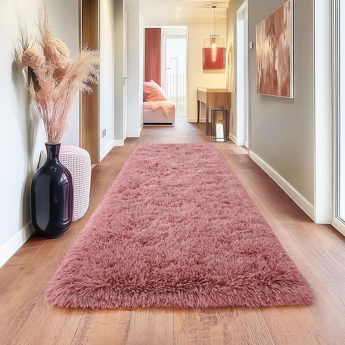Blush Runner Area Rug for Hallway, Bedroom Bedside Plush Rugs, Non Slip Fluffy - Image 3