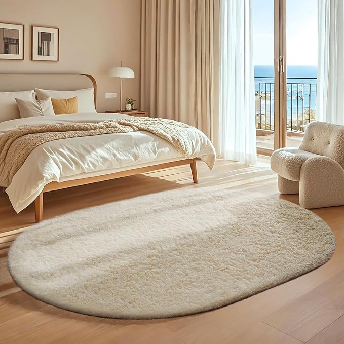 Ophanie 4x6 Oval Ivory Rugs for Bedroom Living Room, Fluffy Fuzzy Furry Carpet - Image 3
