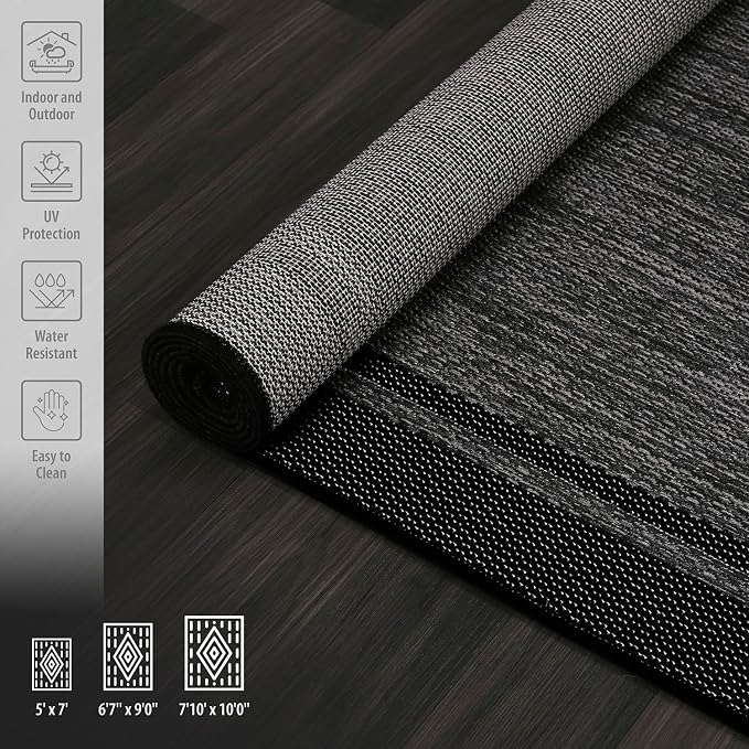 CAMILSON Indoor Outdoor Rug, 6x9 Bordered Dark Grey Black Modern Area Rugs - Image 6