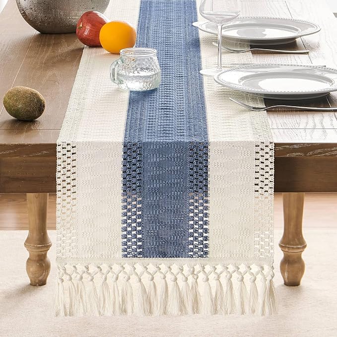 ZeeMart Macrame Style Bicolor Stitching Table Runner, 14 x 48 Inch Blue/Ivory - Image 2